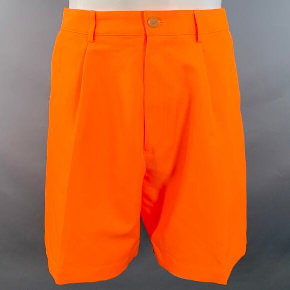 WALTER VAN BEIRENDONCK 32 Korova Neon Orange Polyester Pleated Zip Fly Shorts - Picture 1 of 7